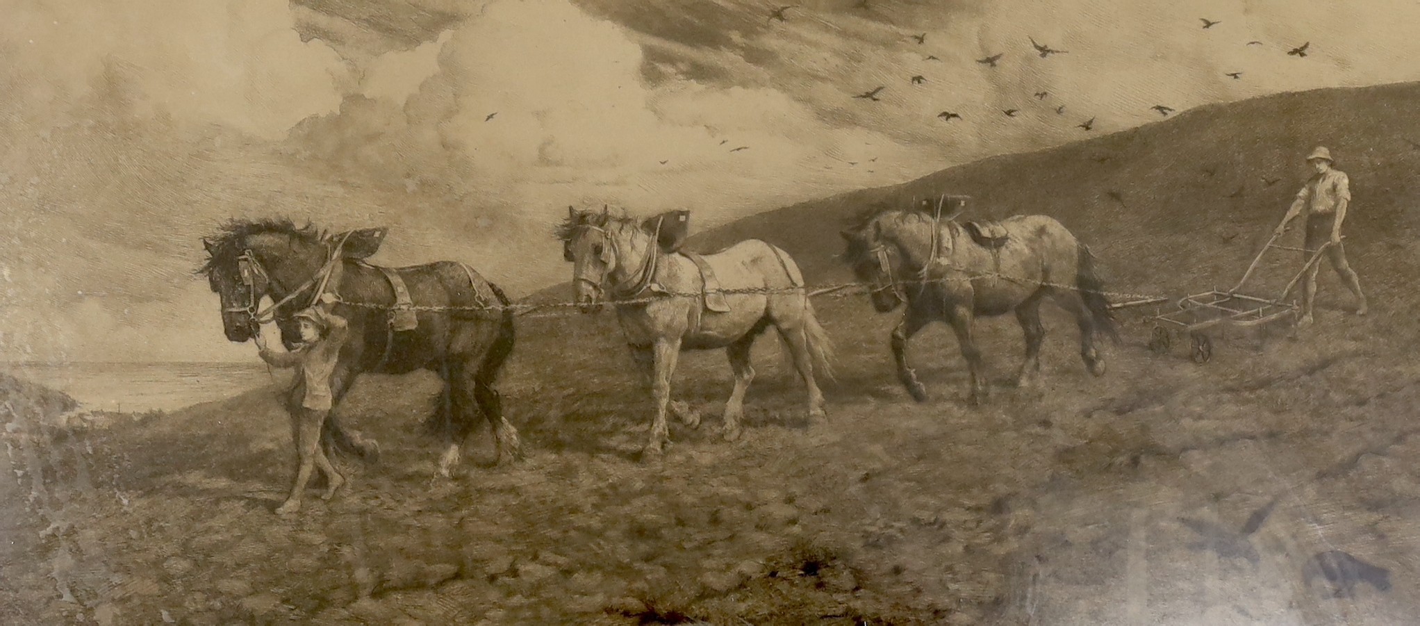 Herbert Thomas Dicksee (1862-1942), pair of photolithographs, 'The Last Furrow' and 'Against the wind and open sky', sheet overall 29 x 59cm